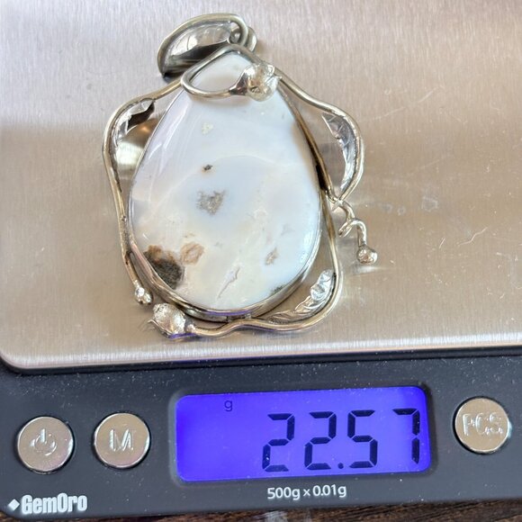 VTG Sterling Silver 925 White Agate Leaf Scroll Design Pendant Size 2.5" Length - Picture 9 of 9